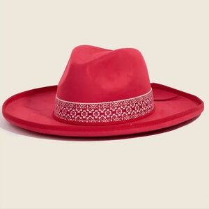 Red Wide-Brim Fedora with Patterned Band